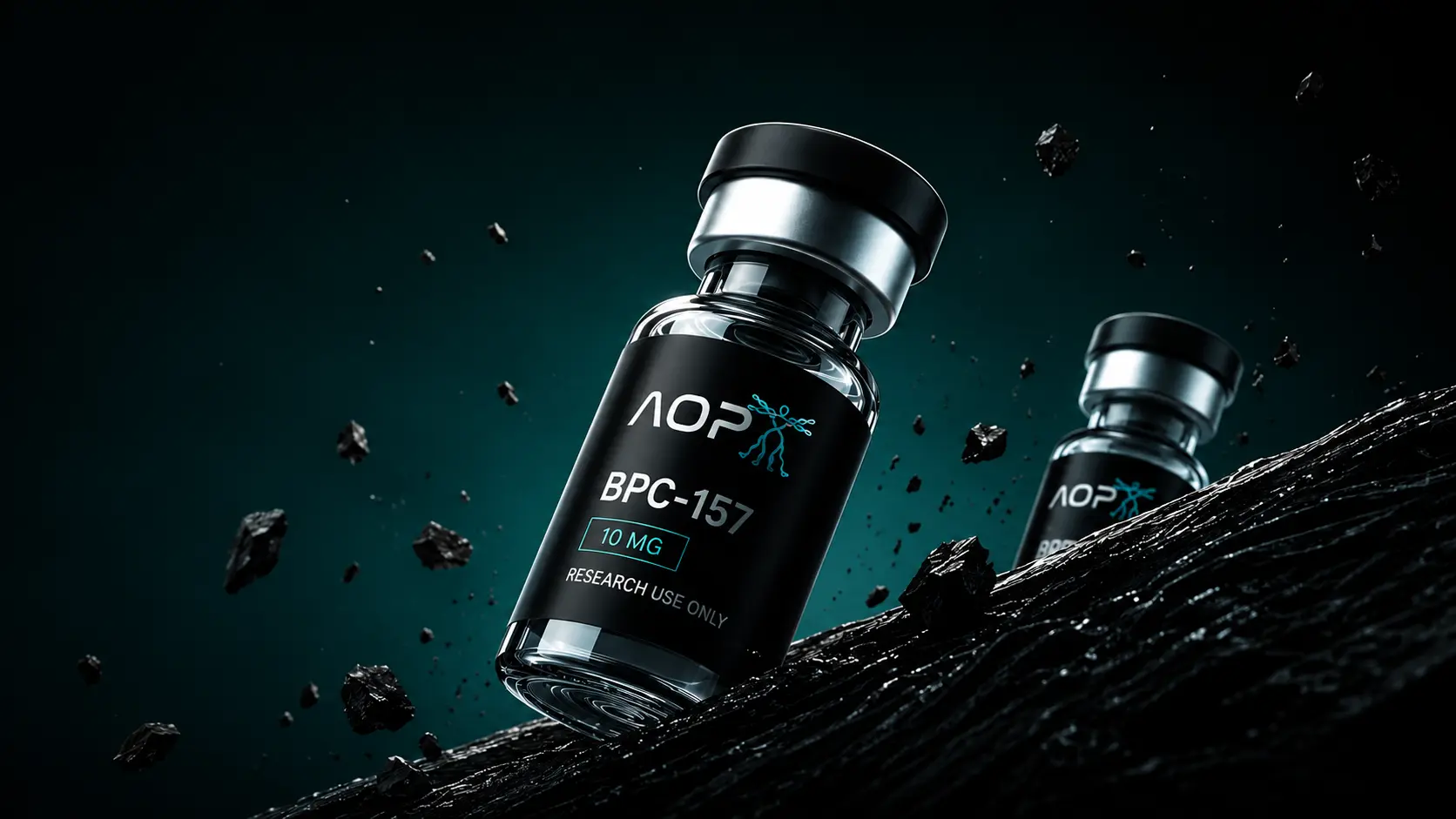 AOP BPC-157 vial on dark laboratory terrain