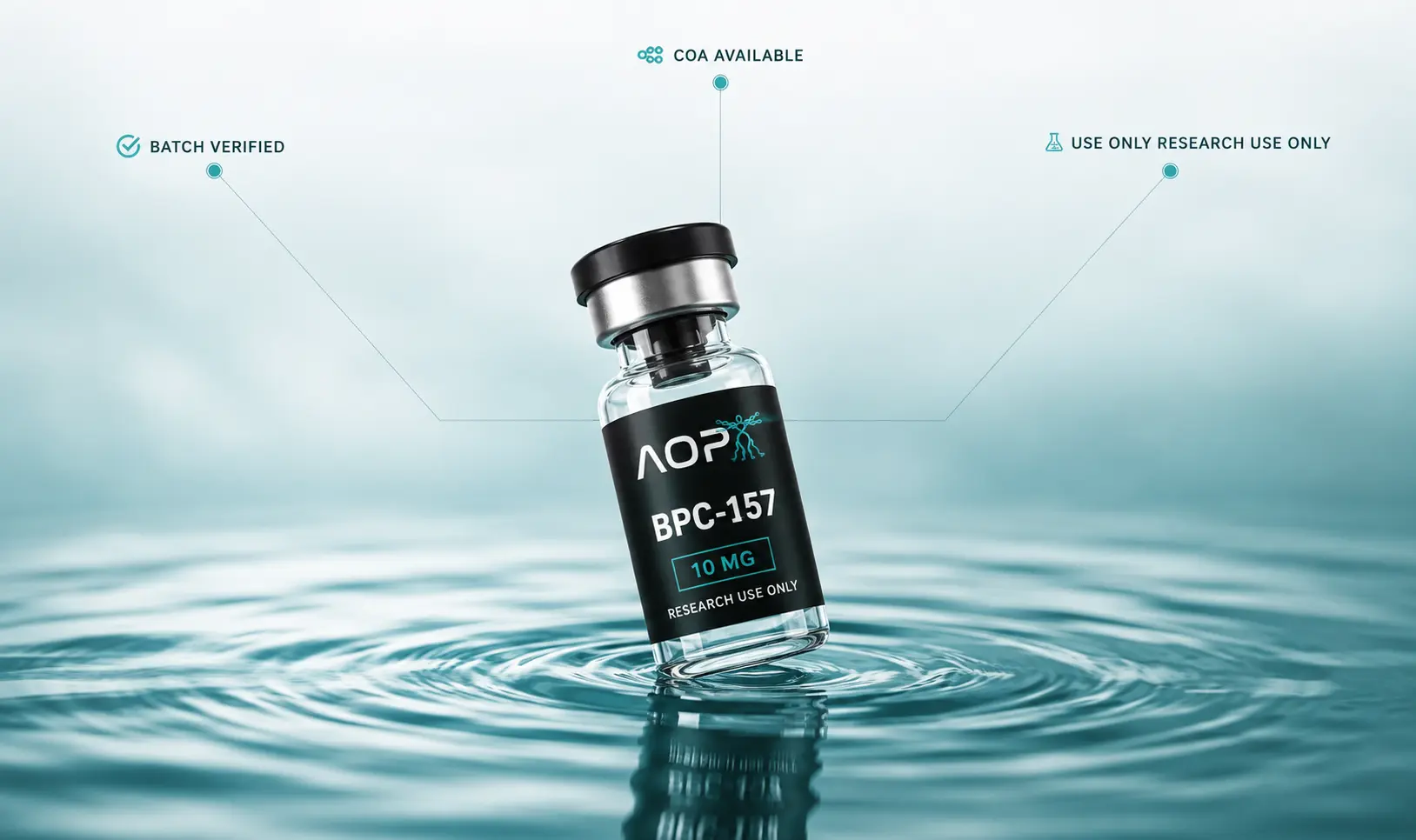 AOP BPC-157 vial standing in rippling water